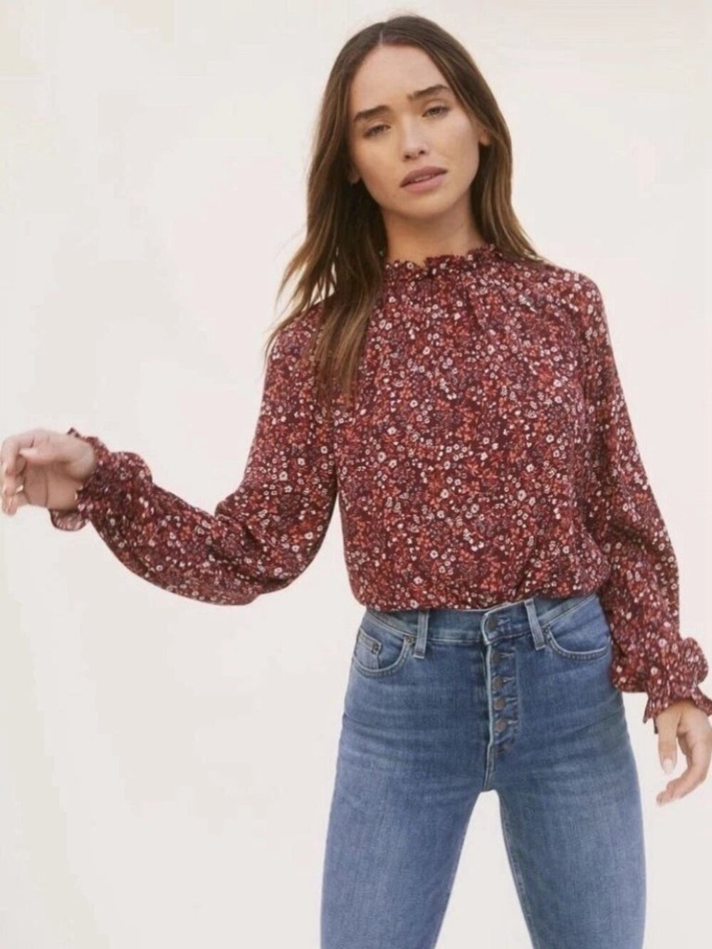 Reformation Theodora Ditsy Floral Smocked Neck Blouse Top In Burgundy Size Small